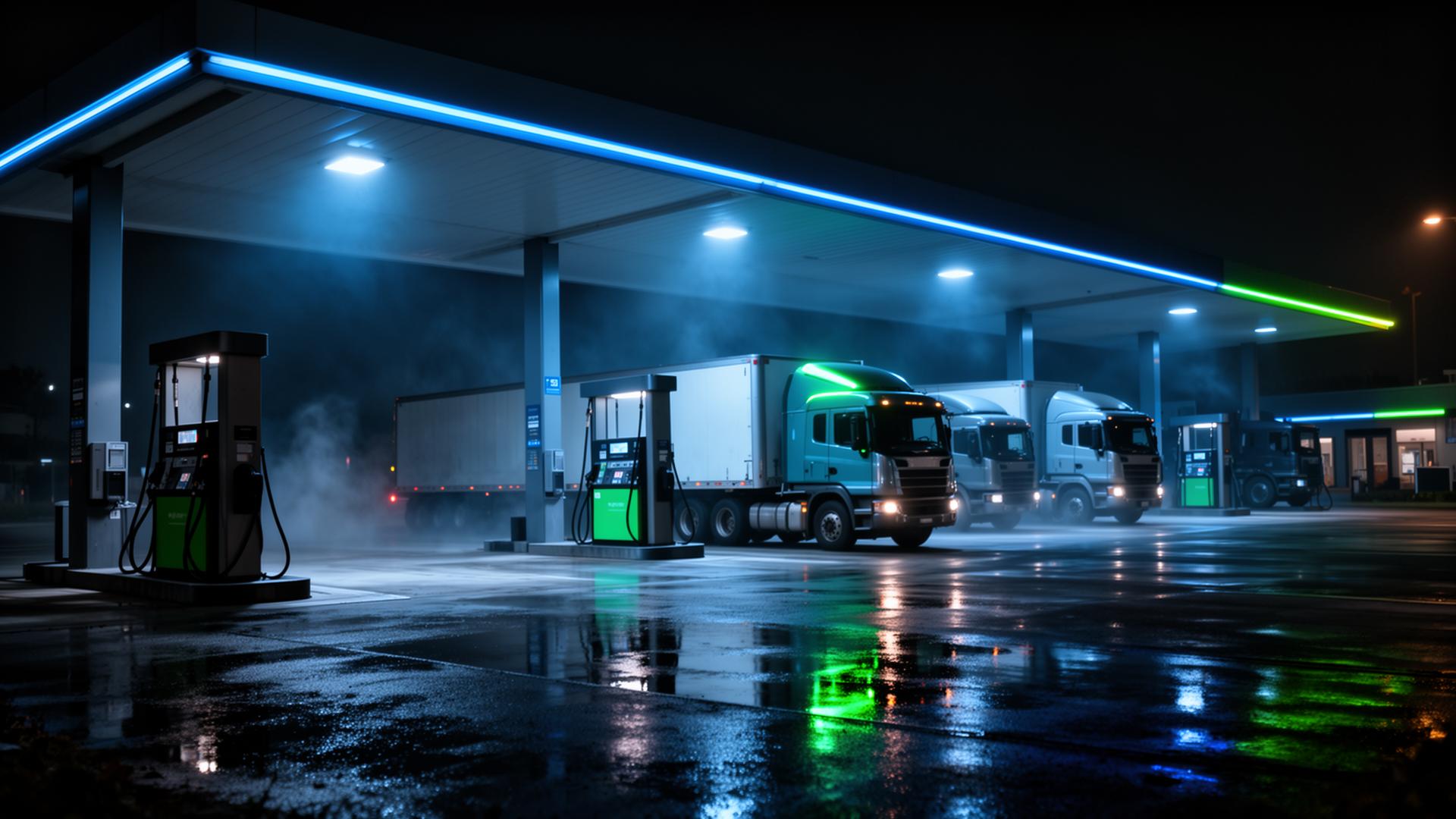 Nighttime truck stop with semi trucks fueling under blue and green neon lights
